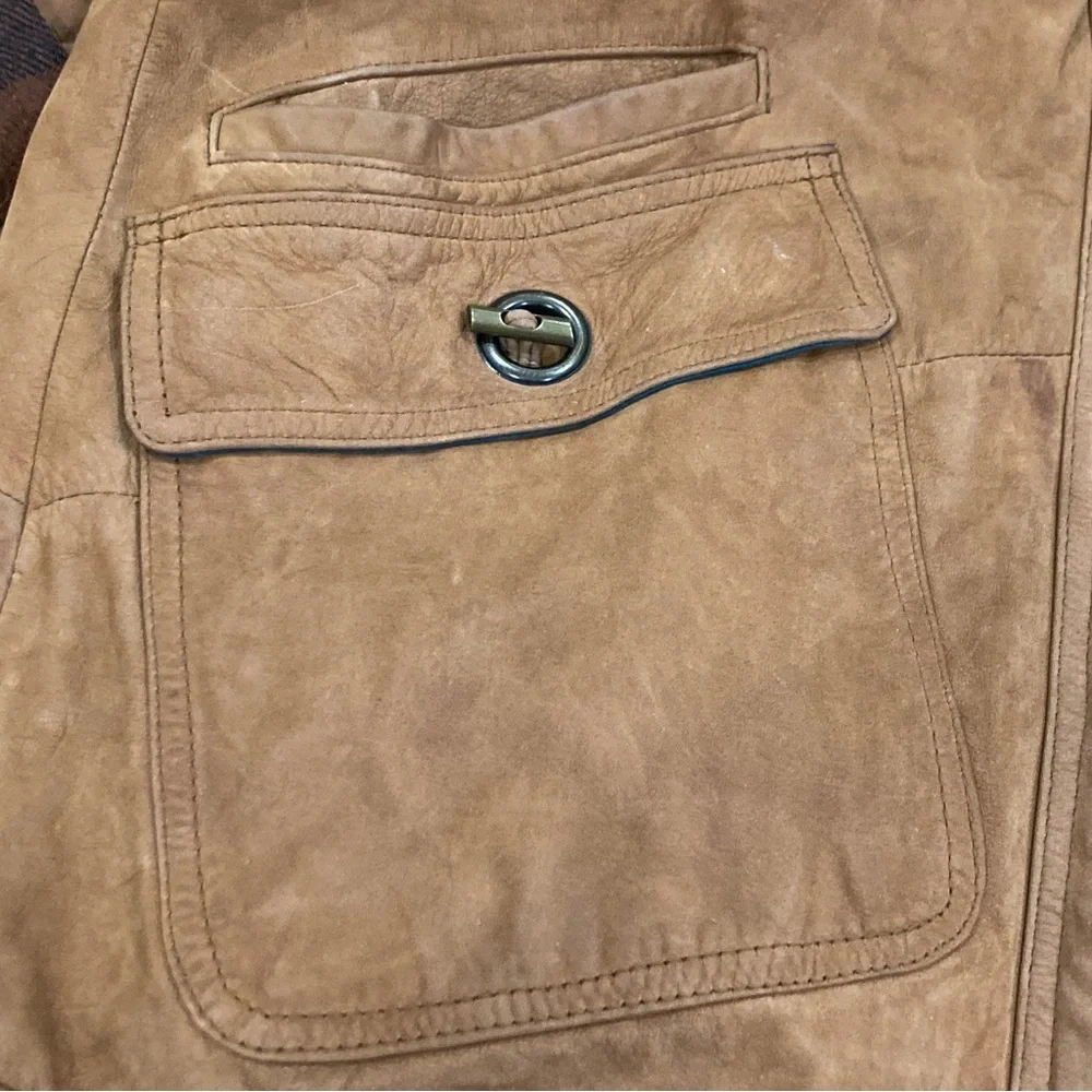 G-III Men's Light Brown Leather Jacket with Plaid Lining Size S